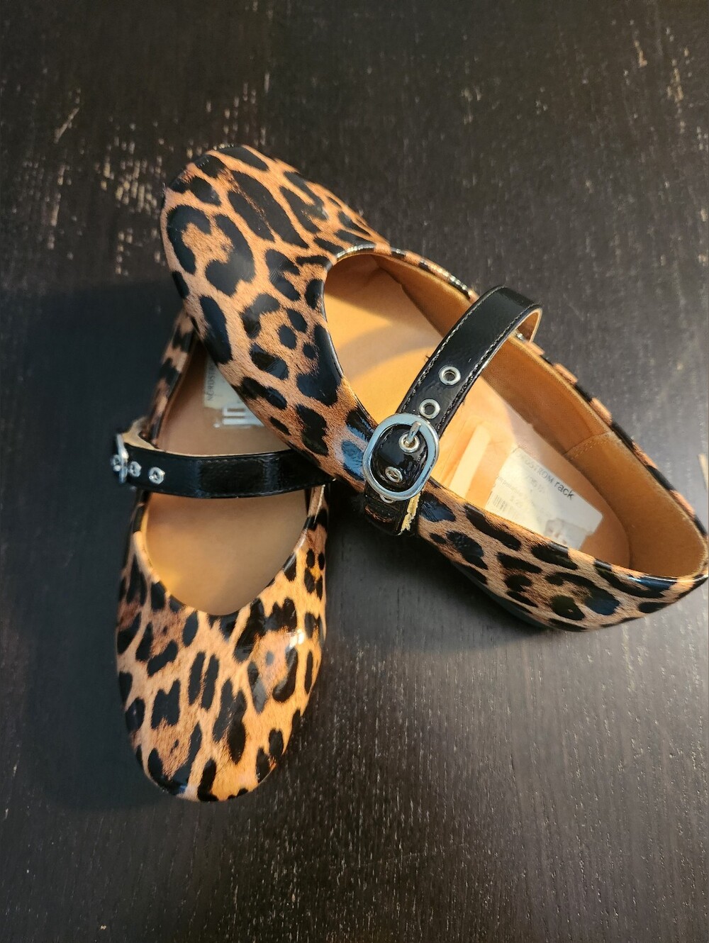 Girls Leopard Print Mary Jane Flats with Black Strap.